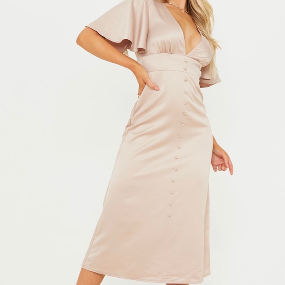 Stone Satin Plunge Midi Dress